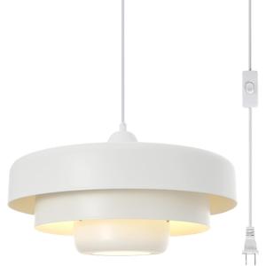 Hanging Lamp Plug in White Pendant Light Fixtures Mid Century Modern Pendant Lamp with 3-Layer Metal Shade Plug in Hanging Light for Kitchen Island Dining Room Bedroom