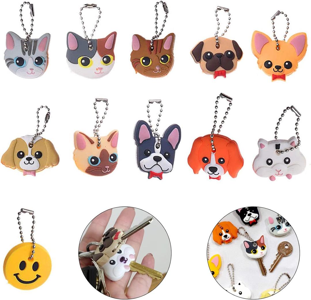 Aswewamt 11 Pcs Dog and Cat Key Caps Silicone Key Ring Cap Cute Head Cover Keychain Case Shell Animals Shape Key Caps Covers Tags Handy Key Ring Holder for Distinguishing Keys