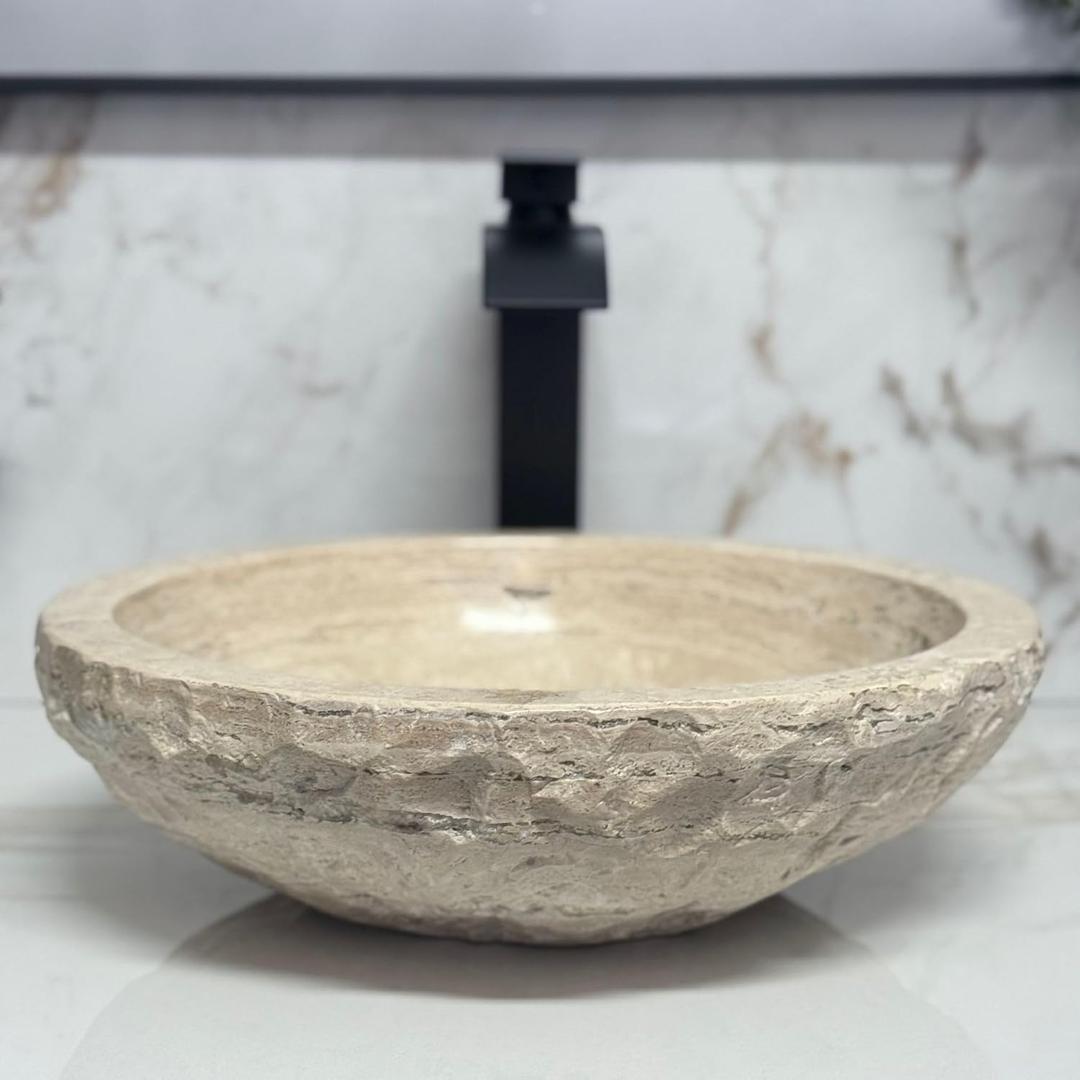 Shades of Nature Travertine Bathroom Sink - Modern Above Counter Bathroom Vessel Sink - Round Bowl Shaped Hand-Carved Vanity Sink - Perfect for Luxury Bathrooms & Spa-Inspired Interiors