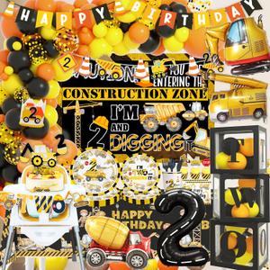 Construction 2nd Birthday Party Supplies ,Dump Truck 2nd Birthday Party Decorations Tableware Includes Box Cutout Sash Plates, Cup, Napkin, Balloon, Backdrop, Tablecloth, Banner, Construction 2nd