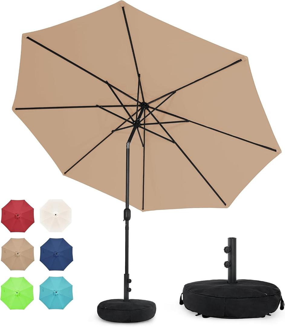 Sundale Outdoor 10 ft Patio Umbrella with Sand Bag Umbrella Base Included, Outdoor Umbrella with Tilt and Crank, Tan