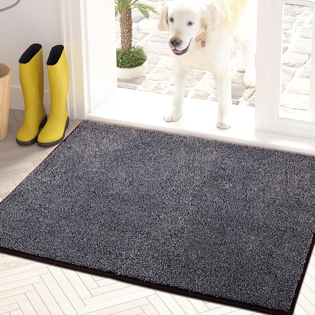 PURRUGS Dirt Trapper Door Mat 24" x 35.5", Non-Slip Machine Washable Entry Rug, Shoe Scraper, Dog Doormat, Super Absorbent Welcome Mat for Front & Back Door, Muddy Shoes & Paws, Bluish Grey-Black