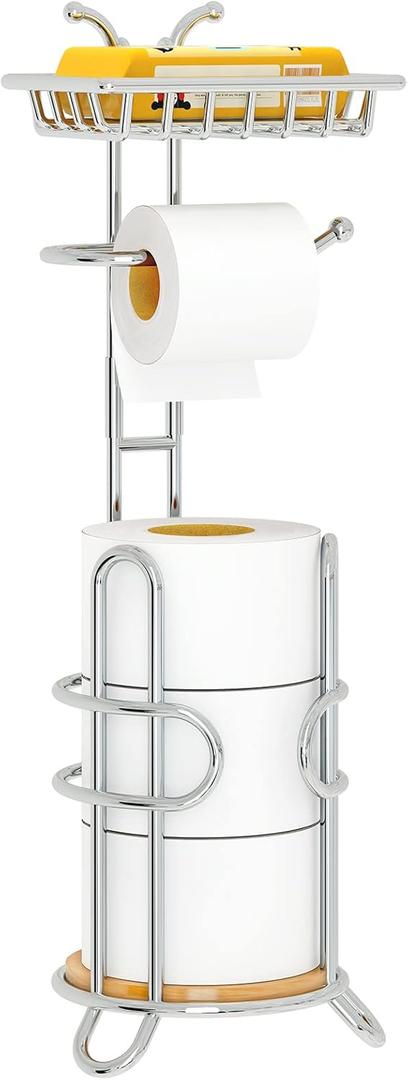 Toilet Paper Holder Stand, Free Standing Tissue Roll Storage Rack with Shelf for Bathroom, Chrome