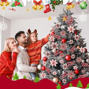 Zeyune 48 Pcs 3 Styles Christmas Glitter Poinsettia Flowers Artificial Berry Picks Artificial Christmas Flowers with Clips for Xmas Tree Wedding Wreath Holiday Party Decorations(Red)