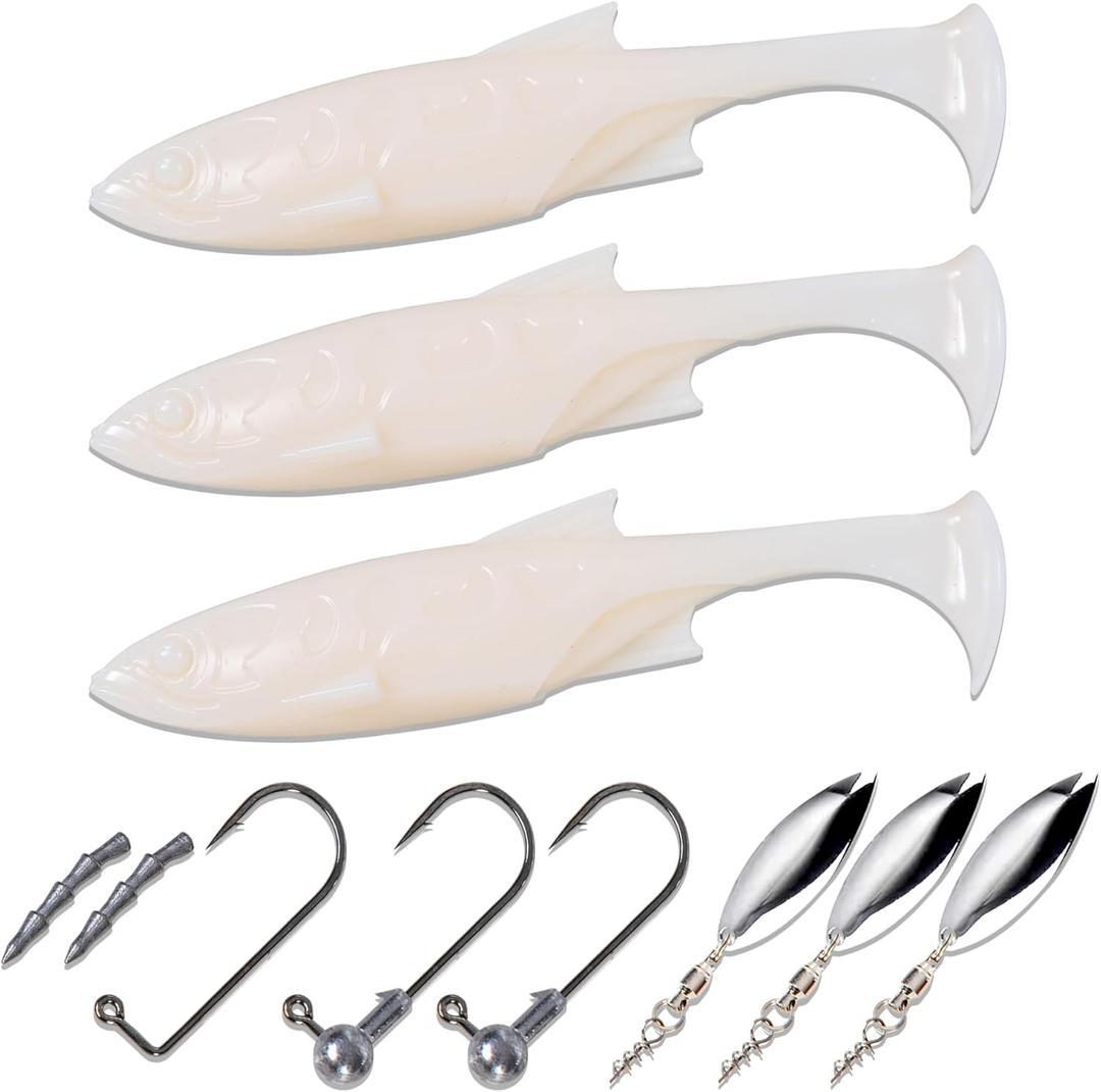 Paddle Tail Swimbaits Set, Ultra Soft PVCFreshwater & Saltwater Ready, Includes Hooks, Weight & Spinnerbait BladesFishing Gear for Bass and Predator Fish (4.33, White)