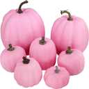 Winlyn 7 Pcs Assorted Sizes Fall Artificial Pink Pumpkins Harvest Faux Foam Pumpkins for Fall Autumn Season Halloween Thanksgiving Harvest Holiday Season Festive Tabletop Decoration