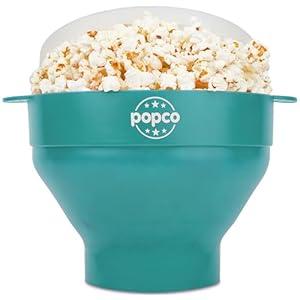 POPCO Silicone Microwave Popcorn Popper with Handles, Silicone Popcorn Maker, Collapsible Bowls, Dishwasher Safe (AQUA)