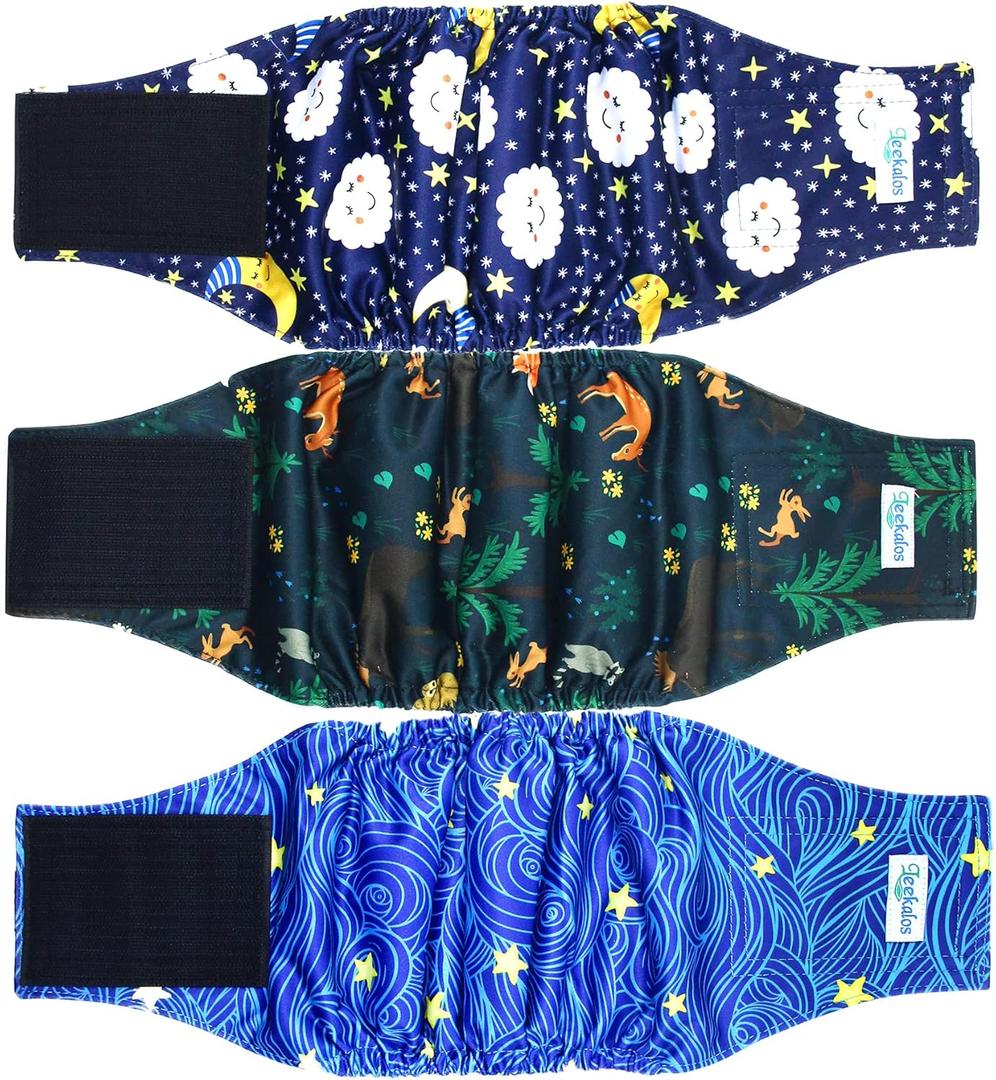 Leekalos Male Dog Diapers (3 Pack), High Absorbing Dog Belly Bands for Male Dogs, Washable Reusable Dog Male Wraps (Sky, Large) (Sky(Gray Lining))