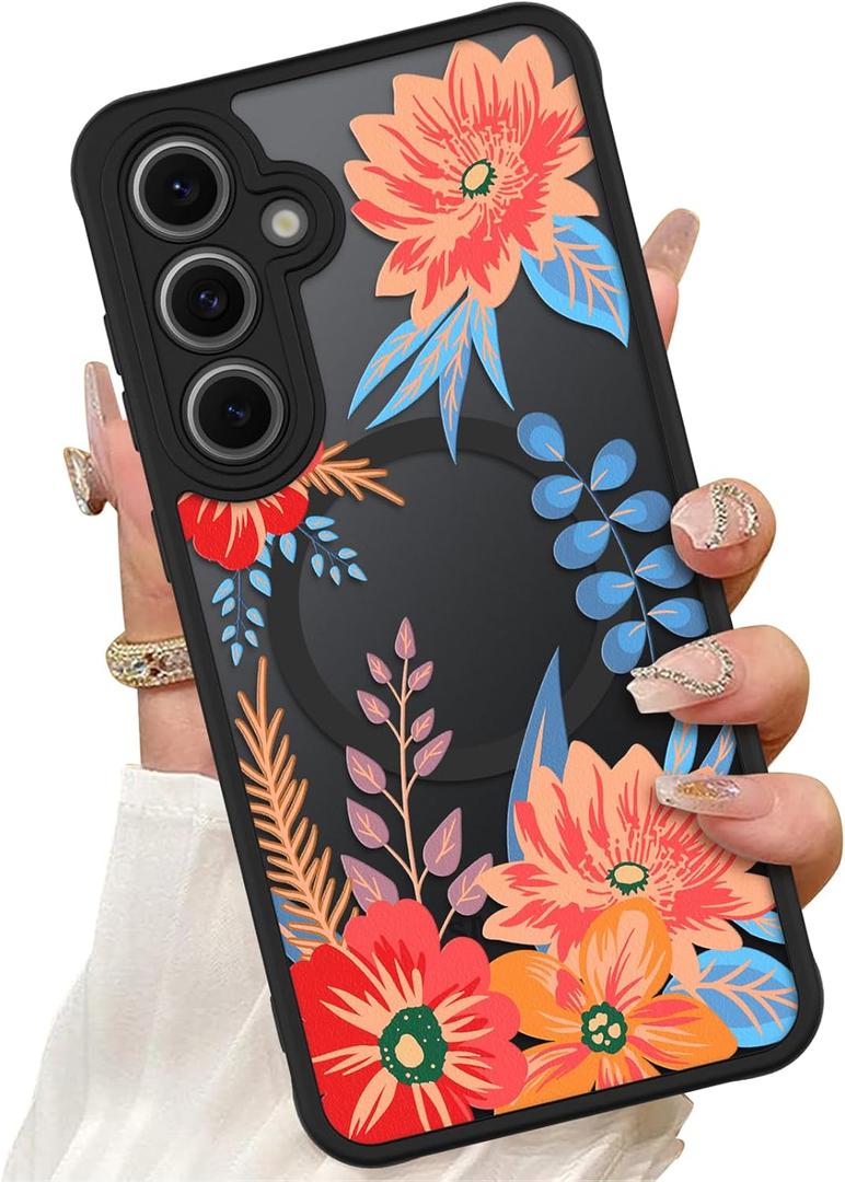 ZIYE Magnetic Case for Samsung Galaxy S24 FE 6.7 Inch [Compatible with MagSafe] Hard PC and Soft TPU Case with Orange Floral Flowers Anti-Scratch Shockproof Protection Phone Cover for Women