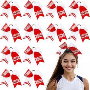 12 Pcs Senior 2026 Hair Bows with Glitter Letter Sparkly Bow Hair Accessories for Baseball, Rugby, Cheerleader, and Sport Teams(Red)