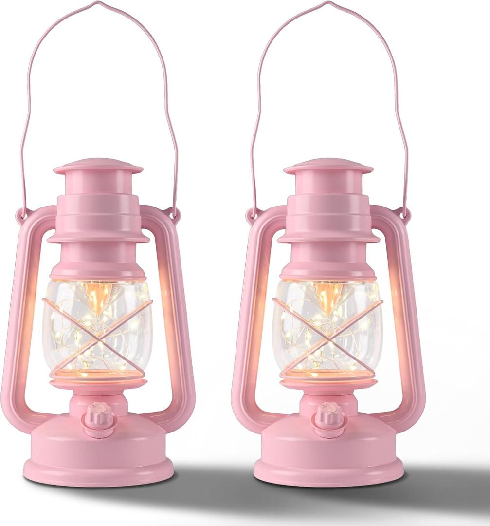 Pink LED Vintage Lantern with 20 LED Lights Silver Wire, Suitable for Home and Outdoor Usage, Battery Powered, 6/18 Timer, Adorable Pink Color for Wedding, Party or Valentines Day, 2 Pack
