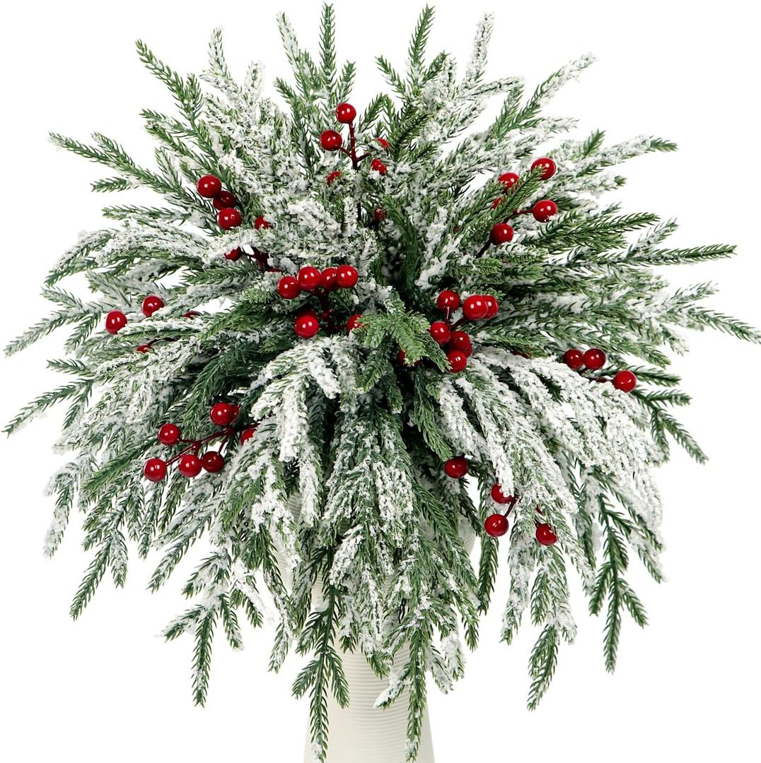 Kesywale Set of 40 Artificial Norfolk Pine Branches with Red Berry 12.8" Christmas Greenery Picks Fake Norfolk Pine Stems Tree Needle Sprigs for Vase Filler DIY Craft Garland Home Decorations (Frost)