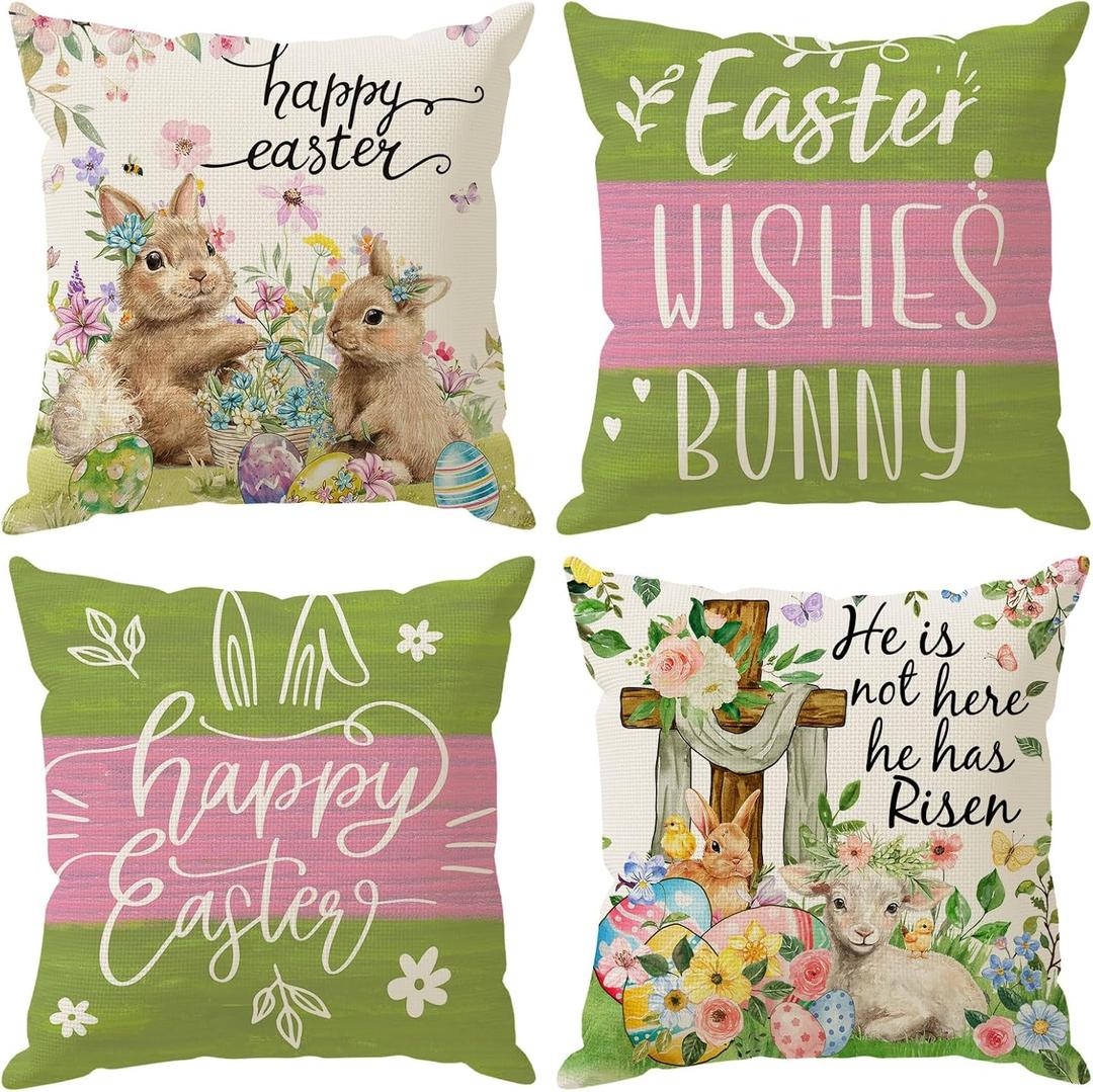 Bunny Lamb Eggs Chick Cross Flowers Rabbit Easter Pillow Covers Throw Pillow Cases Set of 4 Decorations for Farmhouse Home Sofa Couch Cushion Cover Party Holiday Decor 20x20 Inch