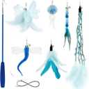 Cat Wand Toys for Indoor Cats - Cat Toy Set with Retractable Teaser Wand and 6 PCS Fairy Feather Toy Refills, Dragonfly Tassel Plush Cat Toys Interactive, Blue