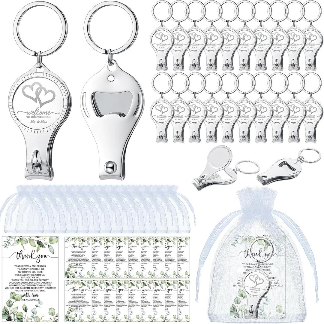Fulmoon Wedding Multi Function Bottle Opener Nail Clipper Wedding Favors Brewery Cards White Organza Bags for Party Supplies Gift Souvenir Guests Men Women(100 Sets)