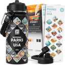 National Parks Water Bottle  32 oz Insulated Stainless Steel Water Jug with 63 Hand-Drawn Park Stickers, Outdoor Accessories & Gift Box  BPA-Free  Ideal for Hiking, Camping & Travel (Advanced Black)