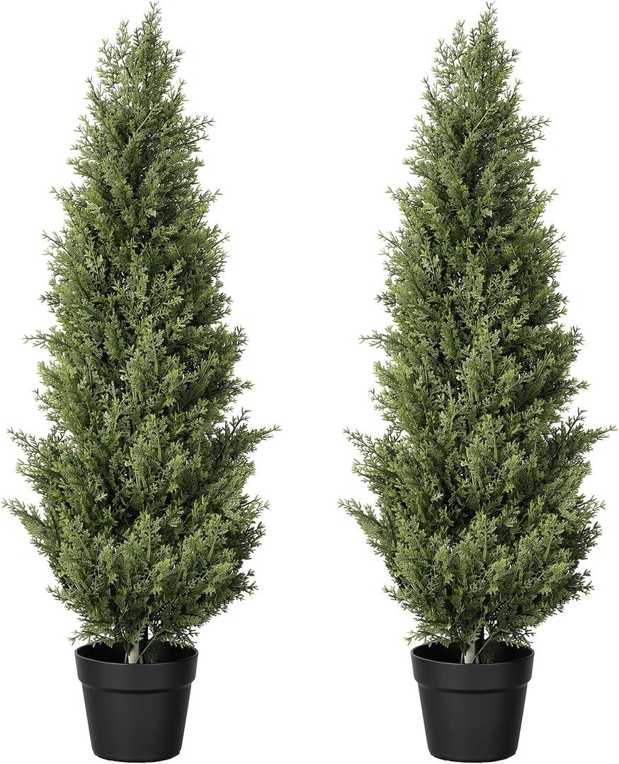 3FT Artificial Topiary Cedar Trees Set of 2, Full-Layered Faux Pine Shrubs for Front Porch Decor, Realistic UV Resistant Fake Plants in Pots for Outdoor Indoor Entryway Garden Home Office