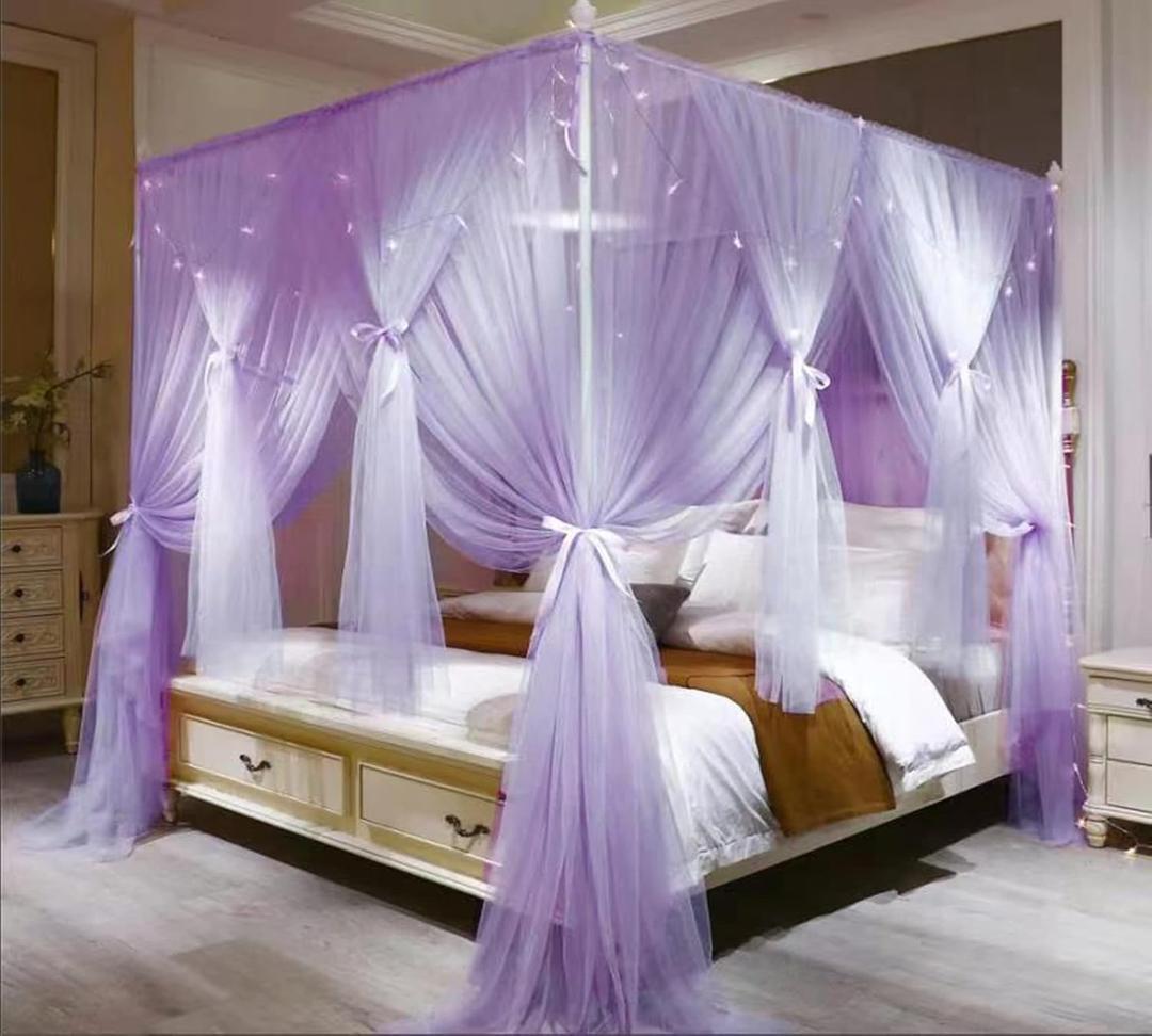 VETHIN 4 Corners Post Princess Bed Canopy Curtain Double Layer Cozy Drape Netting 4 Opening Mosquito Net for Girls & Adults Bedroom Decoration Accessories (Double Purple, 59" W*82" L*82"*H/(Queen))