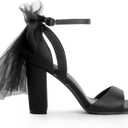 Bow Heels for Women Square Toe Chunky Heel Wedding Shoes (6.5, Black)