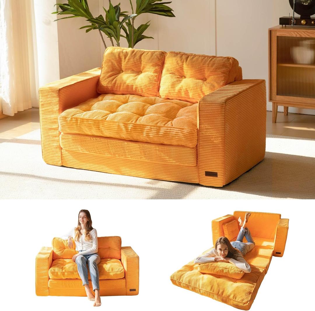 MAXYOYO Convertible Sofa Bed, Pull Out Loveseat Sleeper Sofa, 2 in 1 Folding Couch Bed, Fold Out Floor Couch with Pillows for Living Room Bedroom Lounge, Orange