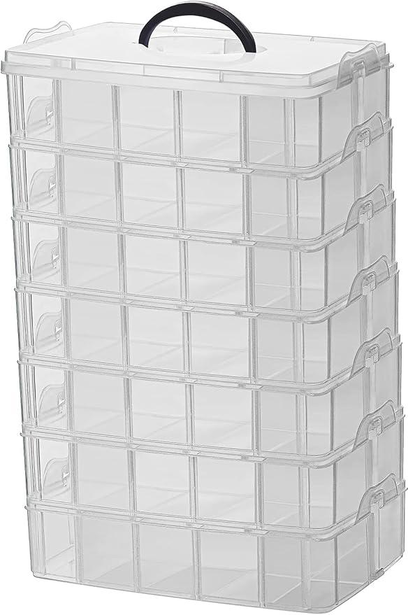 Sooyee 7 Layers Stackable Storage Container, 70 Adjustable Compartments Stackable Storage Container for Kids Toys, Art Crafts, Jewelry, Supplies, Mini Case & Letter Sticker Included,Clear