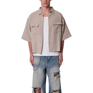 Mnml Men's Cropped Boxy Striped S/S Shirt - Khaki, M