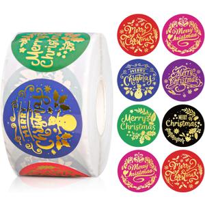 2 x JarThenaAMCS 500Pcs Gold Foil Merry Christmas Stickers Roll Self-Adhesive Xmas Colorful Label Stickers Decal for Holiday Party Favor Decor, 6 Designs