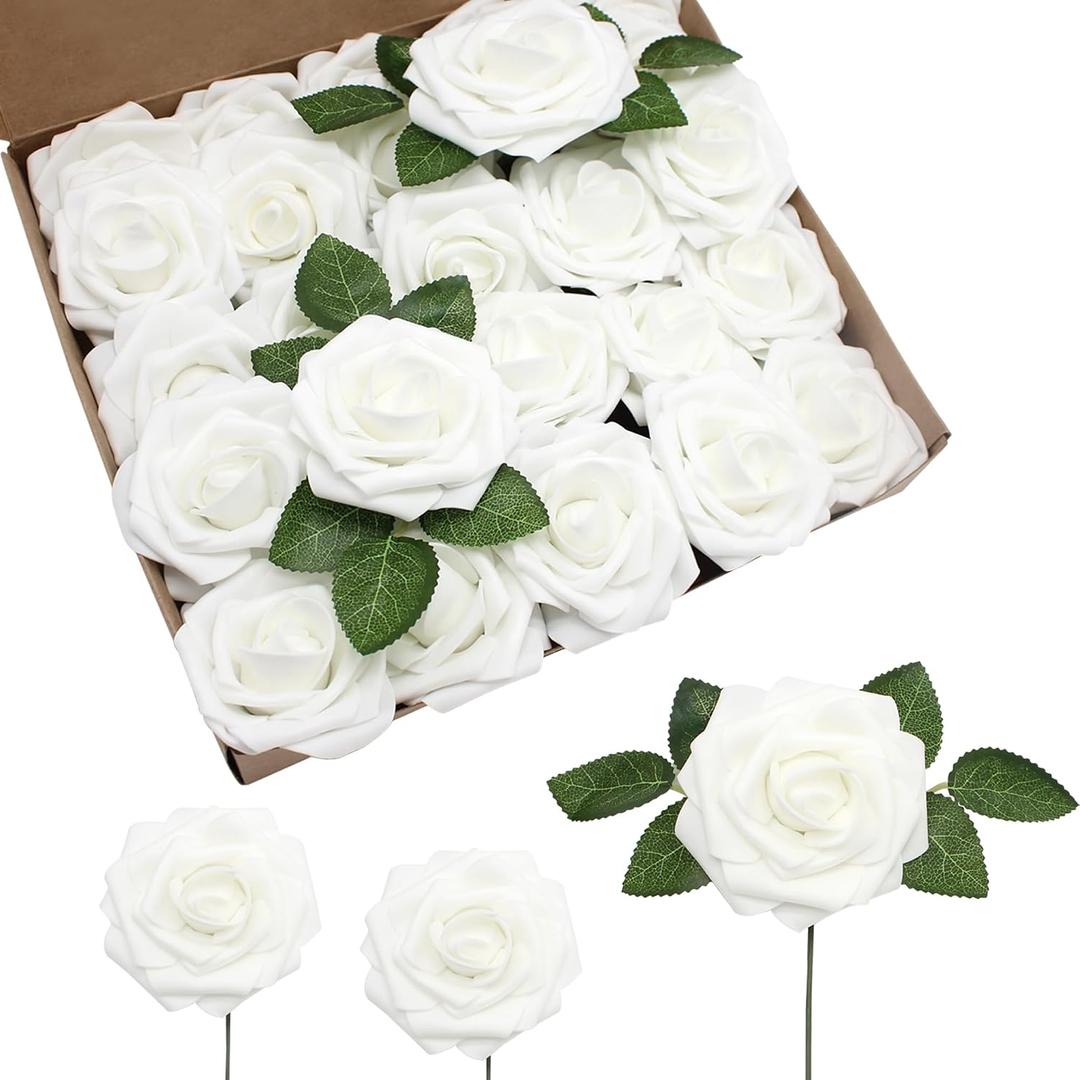 Artificial Flowers Realistic Roses, 100 pcs Real Looking Fake Roses with Stem for DIY Wedding Bouquets Centerpieces Bridal Shower Party Home Romantic Decorations (White)