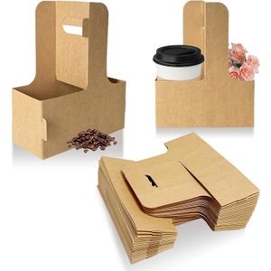 2 Cup Drink Carrier with Handle for Delivery, 50 Pack Kraft Paperboard Cup Holder, Disposable to Go Coffee Cup Carriers for Hot or Cold Drinks