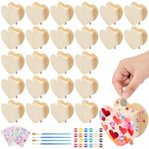 Tioncy 24 Pcs DIY Wooden Piggy Banks Unfinished Heart Shaped Wooden Piggy Coin Banks with 4 Paint Strips 4 Brushes 5 Sheets Gem Stickers Jewels for Crafts Valentine Birthday Activities Gift