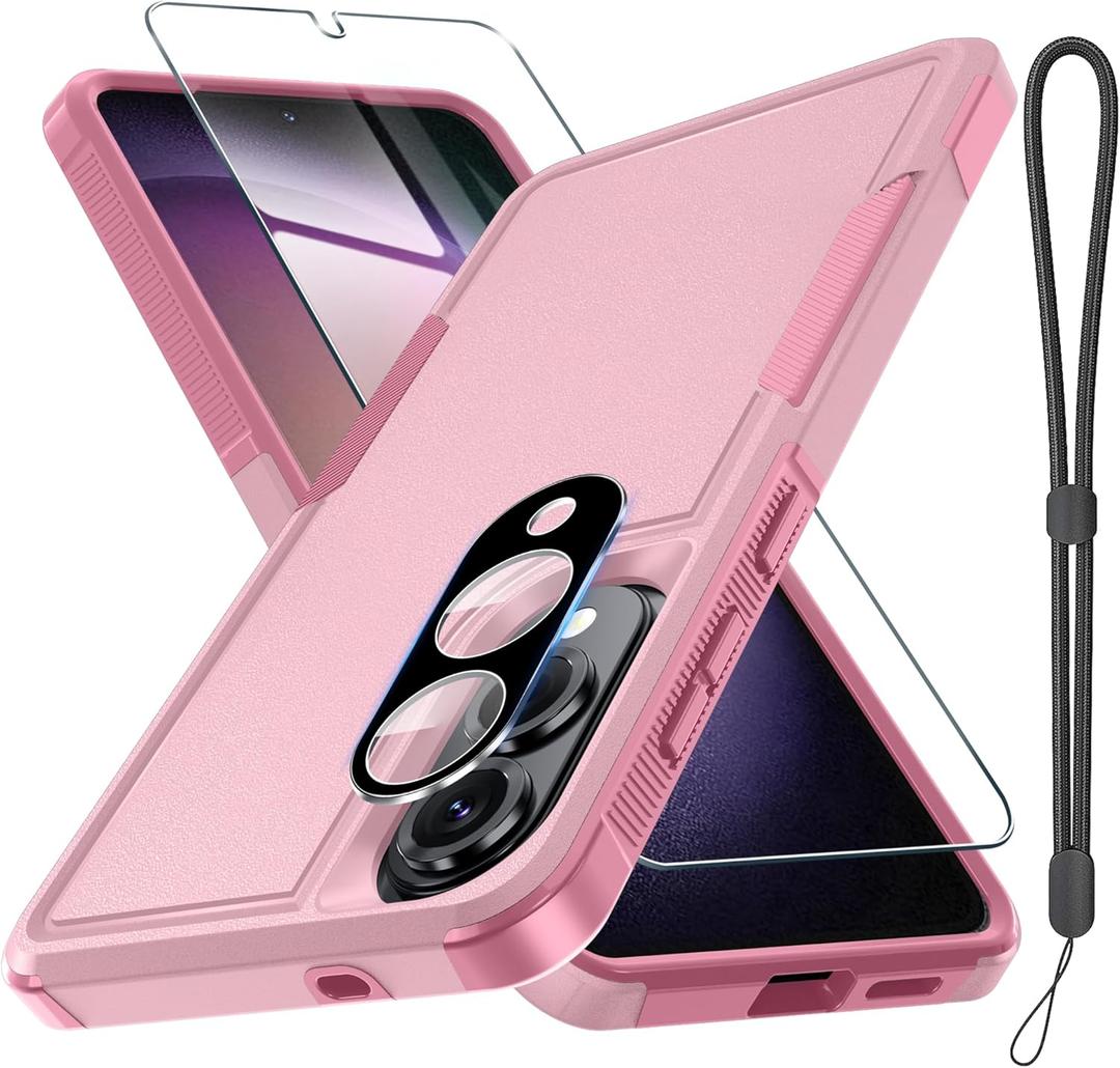Case for Samsung Galaxy S25 Edge, Full Body Heavy Duty Rugged Shockproof Protective Phone Cover with Lanyard Strap, Tempered Glass Screen Protector and Camera Lens Cover, Cute Pink