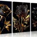 DHEEM 3Pcs Abstract Black And Gold Rose Wall Art Canvas Wrapping 16x24in, 24"LX 16"W-Canvas