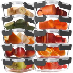 BAYZZ 10 Pack 22 oz Glass Meal Prep Containers, Glass Food Storage Containers with Airtight Lids, BPA-Free, Freezer and Microwave Safe (Gray)