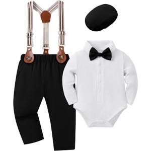 YUEMION Baby Boy Clothes Wedding Outfit Infant Tuxedo Gentleman Suits Dress Shirt+ Beret Hat +Suspender Pants +Bowtie 0-18M