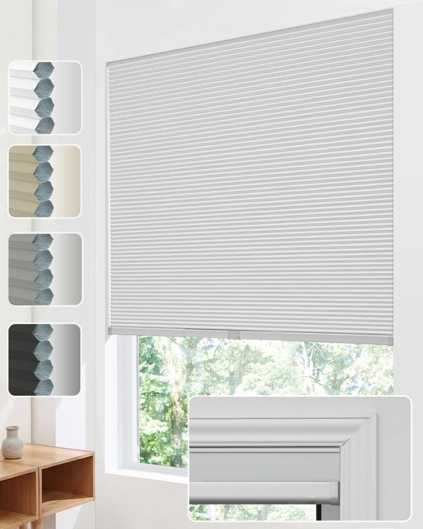 No Drill Cellular Shades, Trim-to-Fit Blackout Cordless Honeycomb Blinds | Easy Install Window Shades, Thermal Insulated Noise Reduction Blinds for Bedroom, Living Room & Office, White 36 * 64