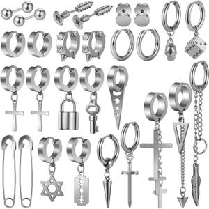 Black Cross Earrings for Men, 28 Pieces Stainless Steel Long Chain Dangle Piercing Hoop Earrings Set for Gifts (Silver)