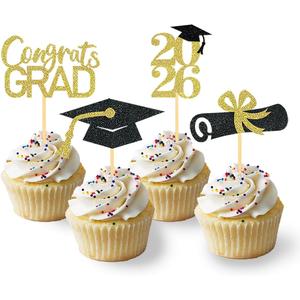 24Pcs Graduation Cupcake Toppers, Graduation Decorations Class of 2026 Cupcake Toppers (Black Gold)