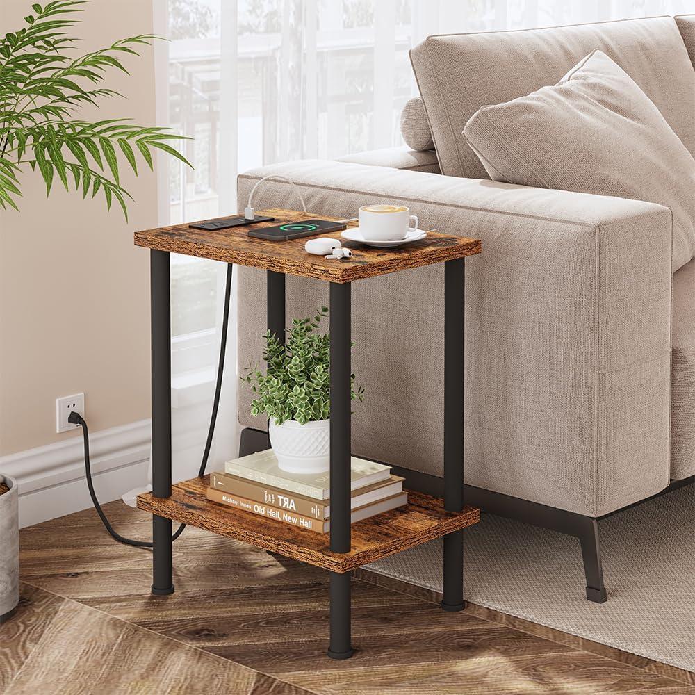 VIMBER Side Table with Charging Station, End Tables with USB Port and Outlets, Nightstands with 2-Tier Storage Shelves and Metal Legs, Sofa Table for Small Space, Living Room, Bedroom UTBT105F (Rustic Brown)