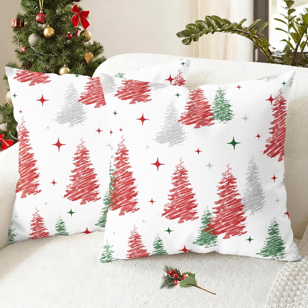CaliTime Christmas Throw Pillow Covers Decorative 18 X 18 Inches Pack of 2 Cozy Fleece Trees Stars Cushion Cases for Couch Sofa Bed Living Room Farmhouse Christmas Red Green Grey