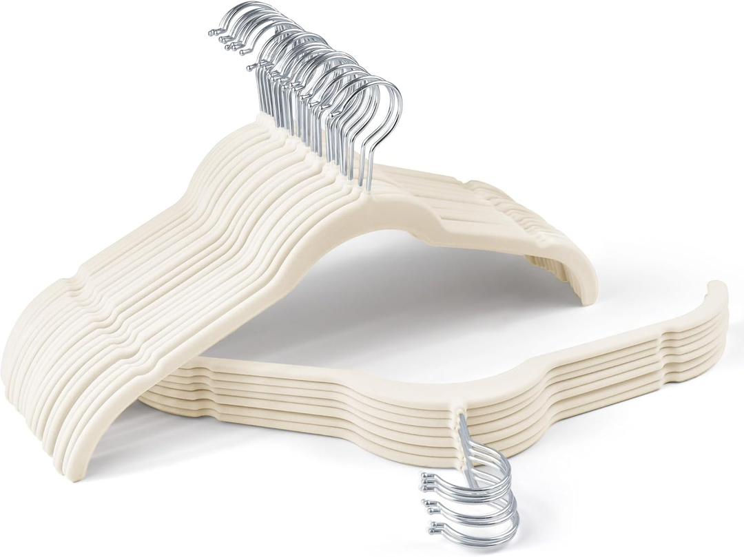 Premium Velvet Shirt Hangers 30 Pack, Non-Slip 360 Swivel Hook Slim Flocked Coat Hanger, Space Saving Felt Hanger for for Tank Top, Blouses, Strappy Dresses (Beige)