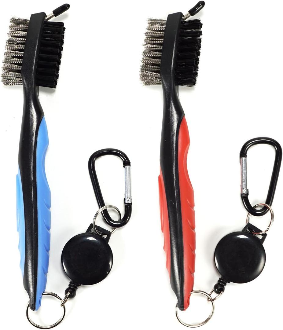 Pack of 2 Golf Club Brush Groove Cleaner with 2 Ft Retractable Zip-line and Aluminum Carabiner Lightweight and Stylish, Must-Have Golf Tool for Cleaning Dirty Clubs Groove (Blue + Black)