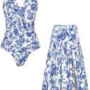 GRACE KARIN Women's One Piece Swimsuits with Cover Up Skirt Tummy Control V Neck Bathing Suits (Large, Blue White Floral)