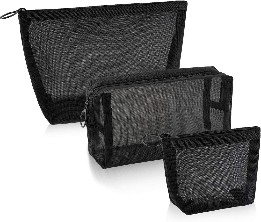 Boao 3 Piece Mesh Cosmetic Bag Mesh Makeup Bag with Zipper Pouch Travel Toiletry for Makeup Organizer Home Office Travel Accessories(Black)