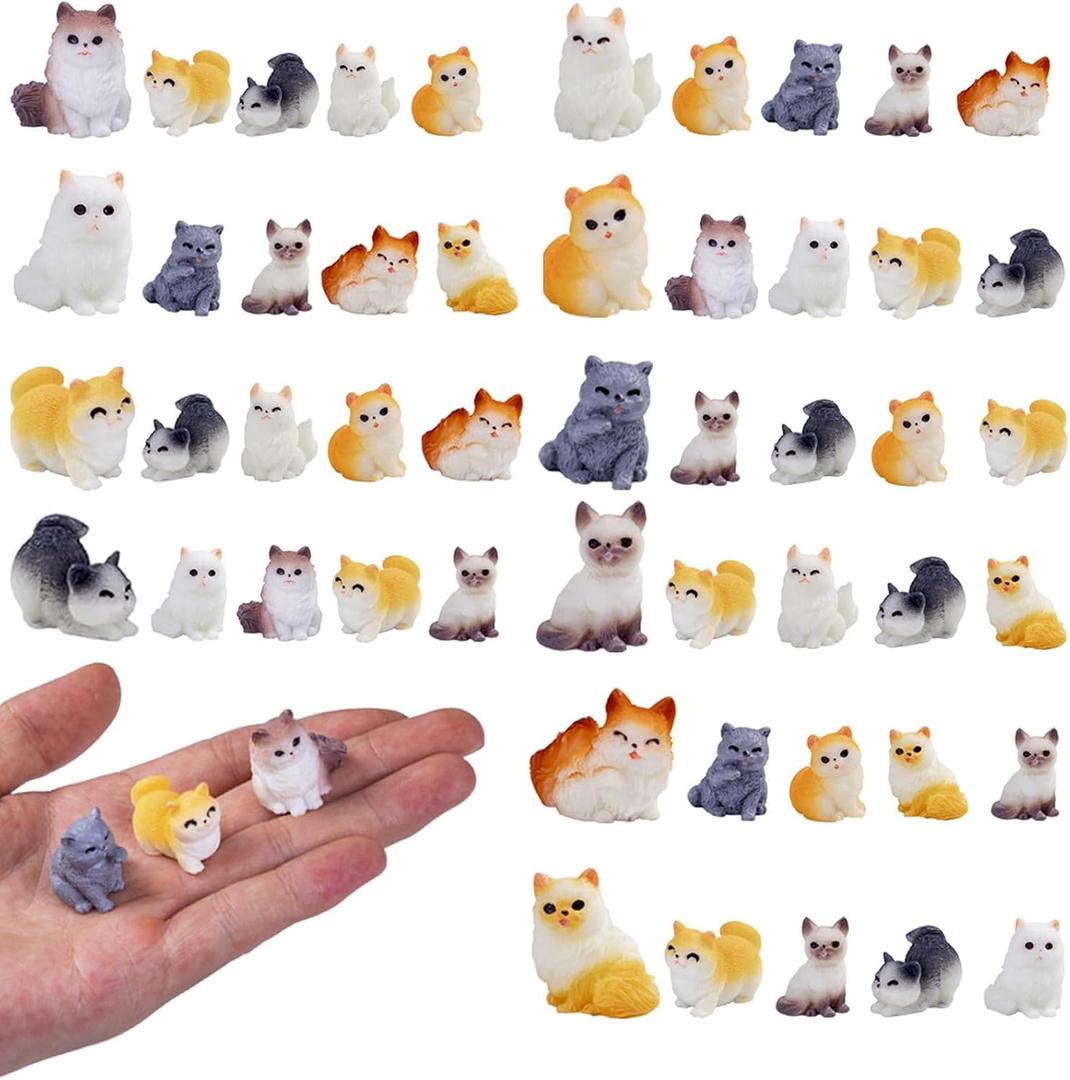 50 Pcs Mini Cat Statue Micro Resin Animal Bulk Kitty Cake Decorating for DIY Moss Landscape Garden Decor Birthday Party Home Decoration