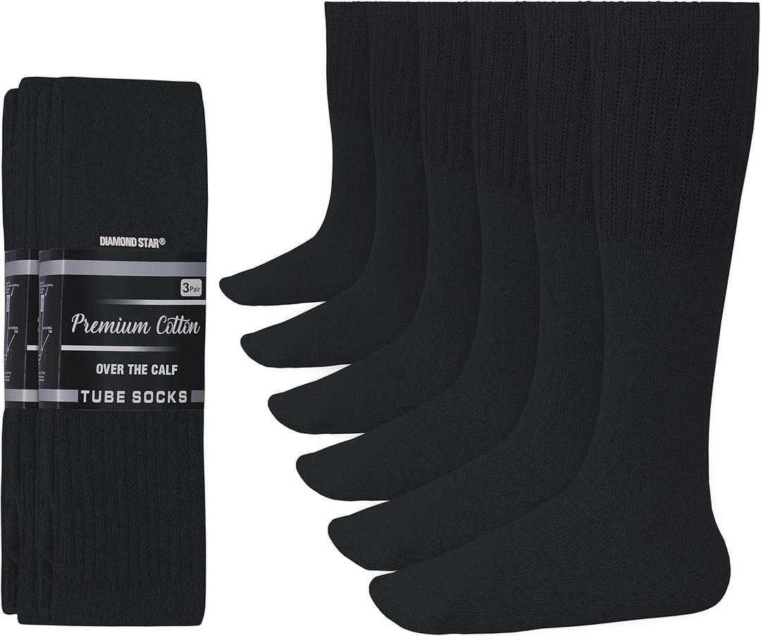 Diamond Star Tube Socks Men 6 Pairs Premium Cushion Cotton Over The Calf Athletic Knee High Socks For Men Big & Tall (10-15, Black)