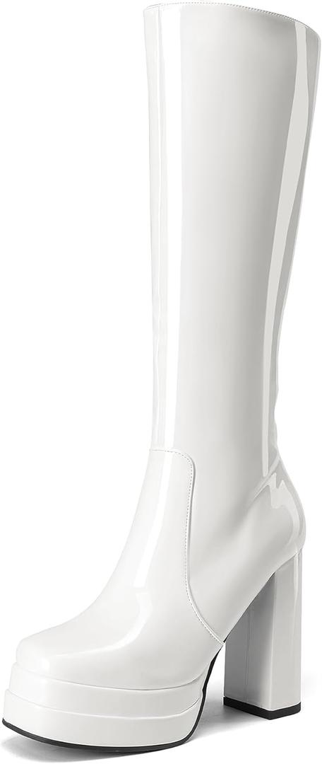 DREAM PAIRS Women's Platform Heeled Knee High Boots, Long Chunky Tall Gogo Boots for Fall (8.5, White-pat)