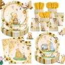 140pcs Classic Bear Baby Shower Decorations Baby Shower Party Tableware with Plates, Napkin, Forks, Cups for Birthday Party Supplies Set Serves 20 Guests (Yellow)