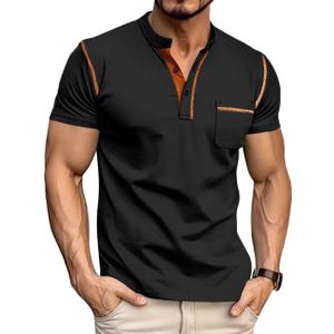 Men's Henley Shirt Short Sleeve T-Shirt Casual Top Pullover Summer Lightweight Tee Shirts with Button (Black, XL)