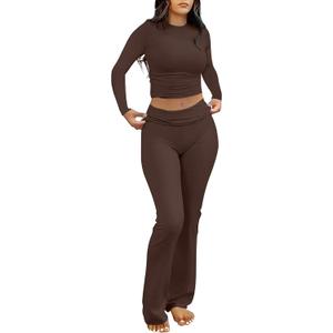 ANRABESS Women 2 Piece Outfits Spring Lounge Sets Long Sleeve Cropped Top Fold Over Flare Pants Comfy Pajamas Set Y2K Clothes (Medium, Coffee)