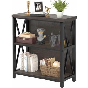 FATORRI Rustic Small 3 Shelf Bookshelf for Living Room, Industrial Low Wood Bookcase, Farmhouse Short Book Shelf for Small Space (Walnut Brown) (Without Drawer)
